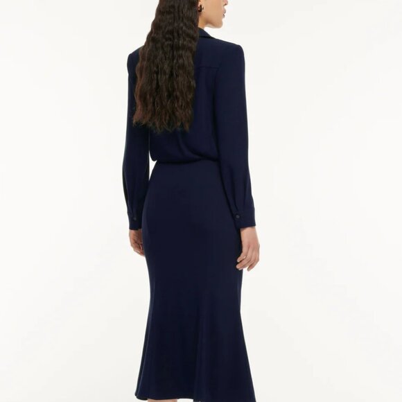 NEW WITH TAG Louland Mouret LONG SLEEVE COLLAR SATIN CREPE MIDI DRESS NAVY US4 - Picture 3 of 9